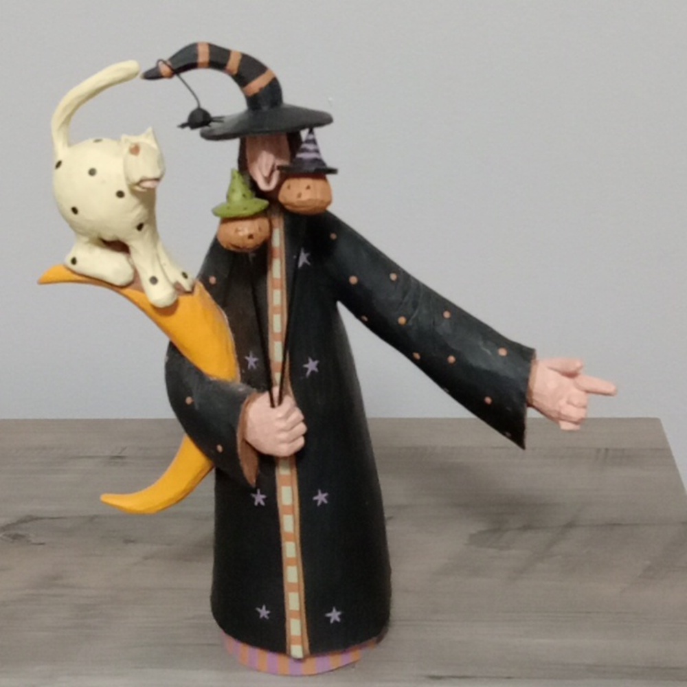 Whimsical Wizard Figurine with Cat and Spider